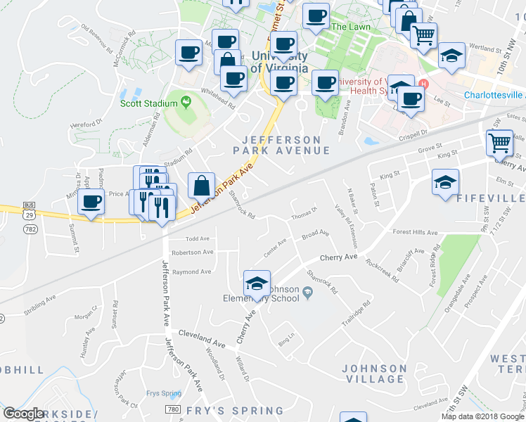 map of restaurants, bars, coffee shops, grocery stores, and more near 222 Shamrock Road in Charlottesville