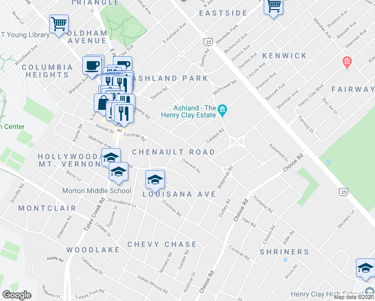 map of restaurants, bars, coffee shops, grocery stores, and more near 1320 Fontaine Road in Lexington