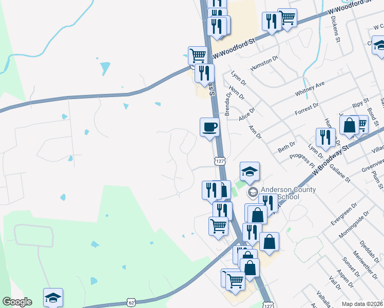 map of restaurants, bars, coffee shops, grocery stores, and more near 2045 Briarcreek Drive in Lawrenceburg