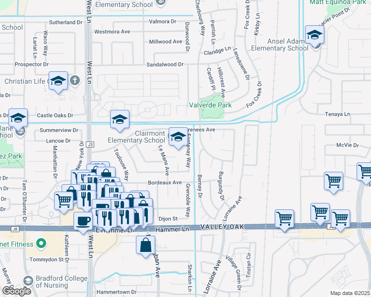 map of restaurants, bars, coffee shops, grocery stores, and more near 8367 Fontenay Way in Stockton
