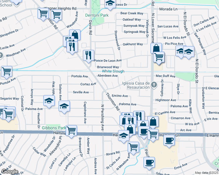 map of restaurants, bars, coffee shops, grocery stores, and more near 8402 Roxburgh Way in Stockton