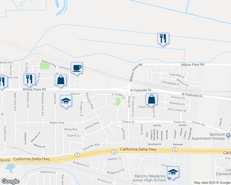 map of restaurants, bars, coffee shops, grocery stores, and more near 141 East Trident Drive in Pittsburg