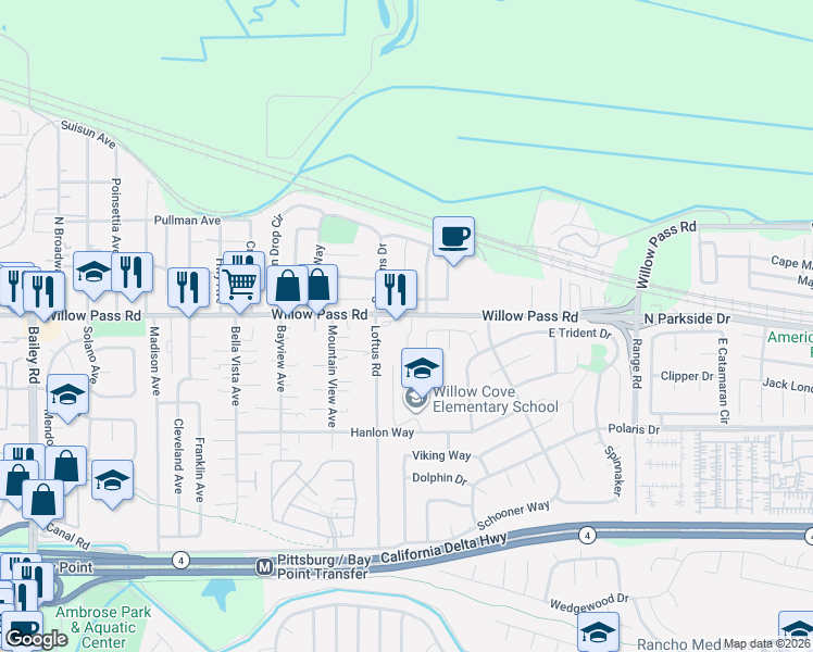 map of restaurants, bars, coffee shops, grocery stores, and more near 1805 Willow Pass Road in Pittsburg