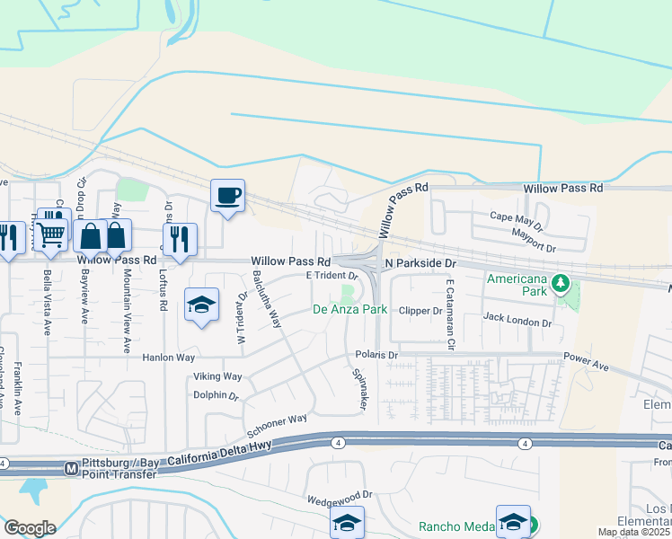 map of restaurants, bars, coffee shops, grocery stores, and more near 137 East Trident Drive in Pittsburg