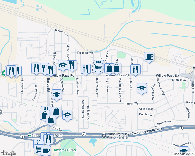 map of restaurants, bars, coffee shops, grocery stores, and more near 2243 Willow Pass Road in Bay Point