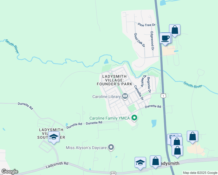 map of restaurants, bars, coffee shops, grocery stores, and more near 7121 Conway Place in Ruther Glen