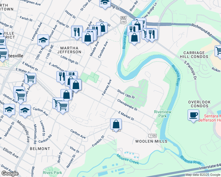 map of restaurants, bars, coffee shops, grocery stores, and more near 1404 Short 18th St in Charlottesville