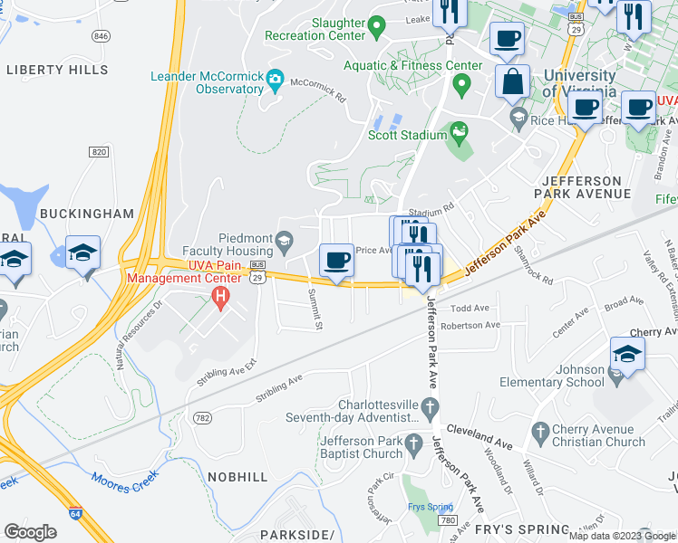 map of restaurants, bars, coffee shops, grocery stores, and more near 102 Appletree Road in Charlottesville