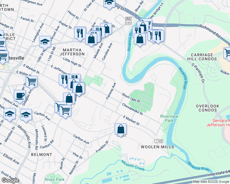 map of restaurants, bars, coffee shops, grocery stores, and more near 1404 Short 18th St in Charlottesville