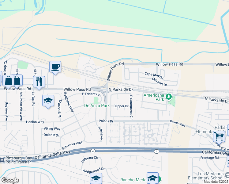 map of restaurants, bars, coffee shops, grocery stores, and more near 162 North Catamaran Circle in Pittsburg