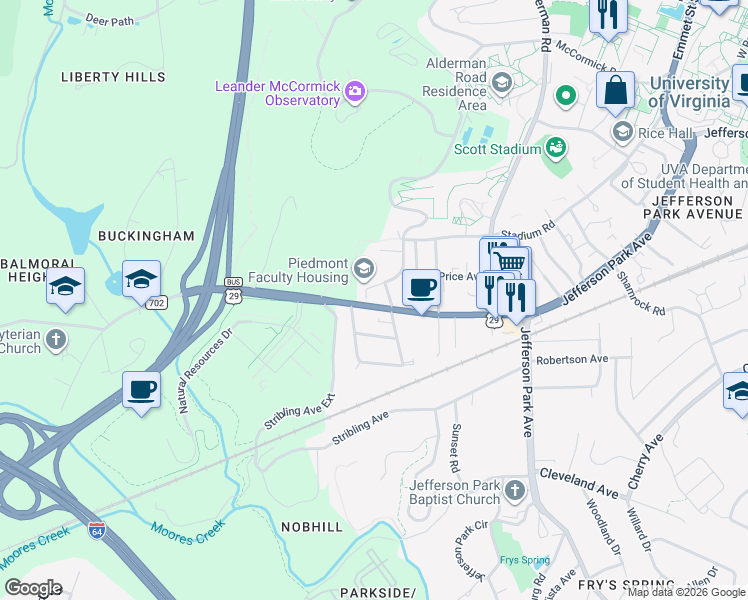 map of restaurants, bars, coffee shops, grocery stores, and more near 115 Mimosa Drive in Charlottesville