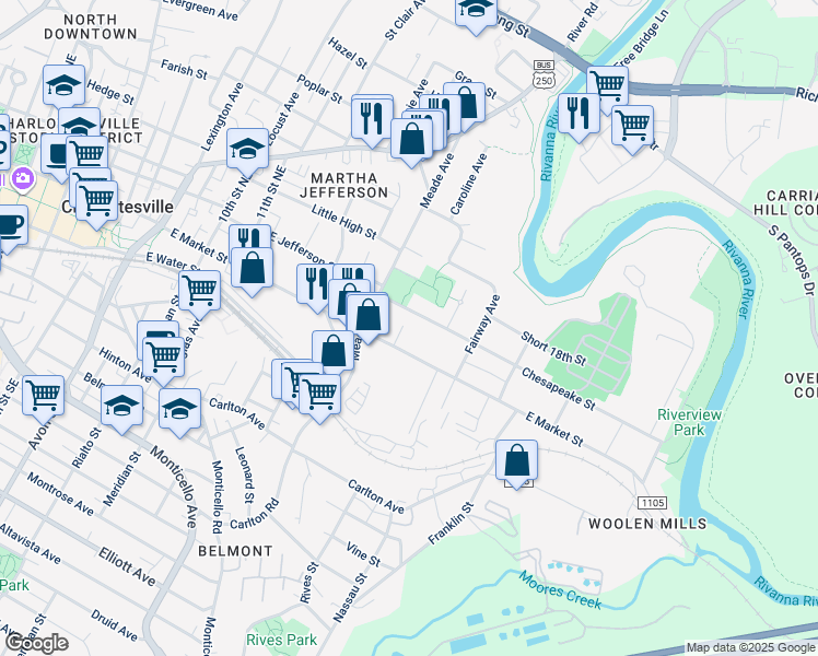 map of restaurants, bars, coffee shops, grocery stores, and more near 210 16th Street Northeast in Charlottesville
