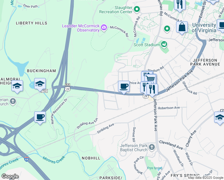 map of restaurants, bars, coffee shops, grocery stores, and more near 124 Mimosa Drive in Charlottesville