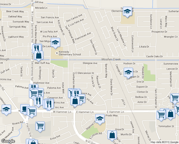 map of restaurants, bars, coffee shops, grocery stores, and more near 221 E Glencannon St in Stockton