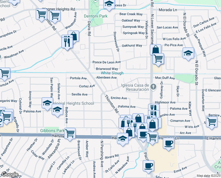 map of restaurants, bars, coffee shops, grocery stores, and more near 8405 Chattan Court in Stockton