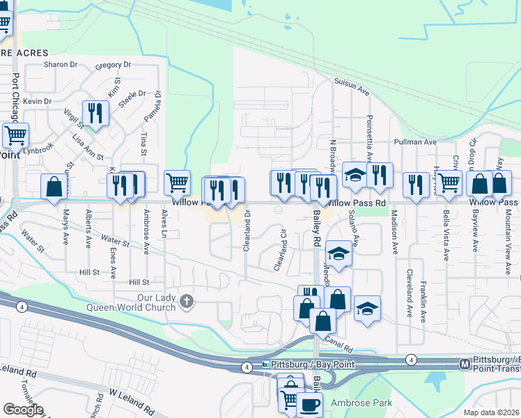map of restaurants, bars, coffee shops, grocery stores, and more near 2867 Willow Pass Road in Bay Point