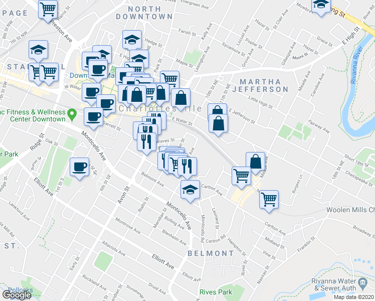 map of restaurants, bars, coffee shops, grocery stores, and more near 211 Douglas Avenue in Charlottesville