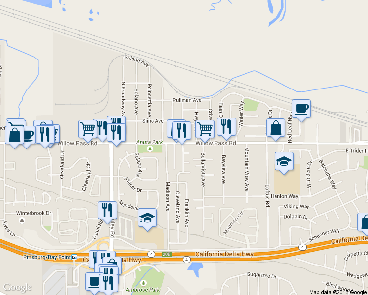 map of restaurants, bars, coffee shops, grocery stores, and more near Bay Point S Bella Monte Ave in Bay Point