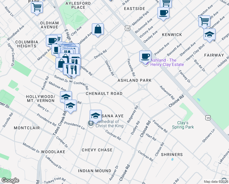 map of restaurants, bars, coffee shops, grocery stores, and more near 1320 Fontaine Road in Lexington