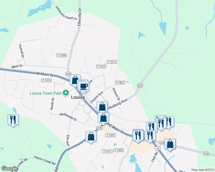map of restaurants, bars, coffee shops, grocery stores, and more near 101 State Route T-1010 in Louisa