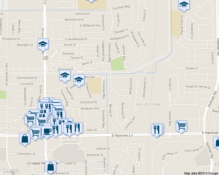 map of restaurants, bars, coffee shops, grocery stores, and more near 8403 Cherbourg Way in Stockton