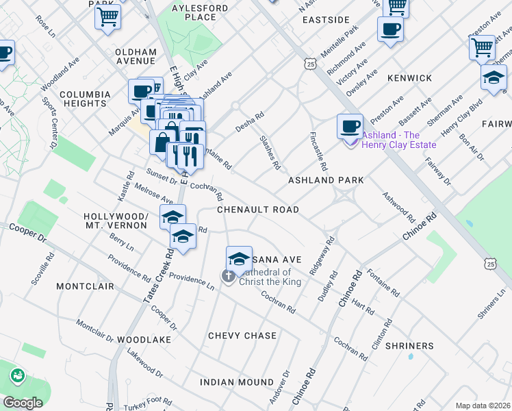 map of restaurants, bars, coffee shops, grocery stores, and more near 159 Chenault Road in Lexington