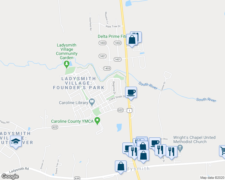 map of restaurants, bars, coffee shops, grocery stores, and more near 17226 Begonia Drive in Ruther Glen
