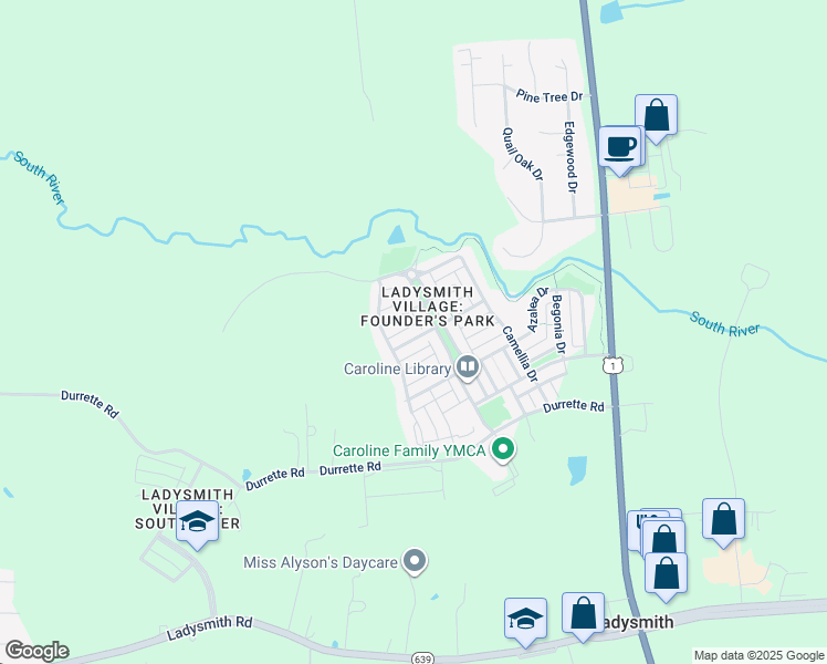 map of restaurants, bars, coffee shops, grocery stores, and more near 7131 Conway Place in Ruther Glen