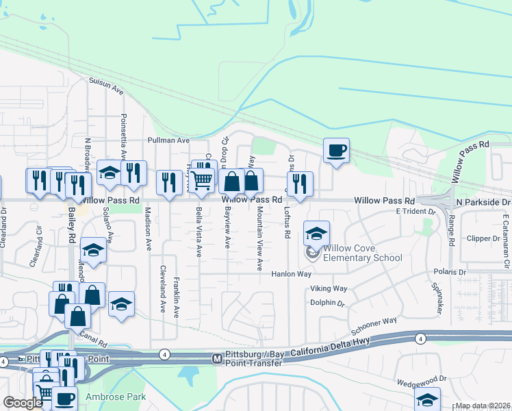 map of restaurants, bars, coffee shops, grocery stores, and more near 10 Mountain View Avenue in Bay Point