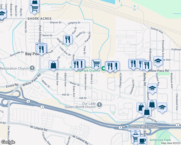 map of restaurants, bars, coffee shops, grocery stores, and more near 3215 Willow Pass Road in Bay Point