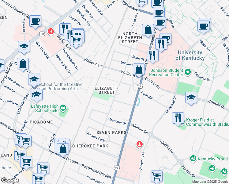 map of restaurants, bars, coffee shops, grocery stores, and more near 1505 Elizabeth Street in Lexington