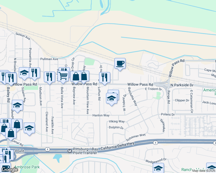 map of restaurants, bars, coffee shops, grocery stores, and more near 100 Harris Circle in Bay Point