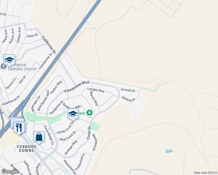 map of restaurants, bars, coffee shops, grocery stores, and more near 1140 Viewpoint Boulevard in Rodeo