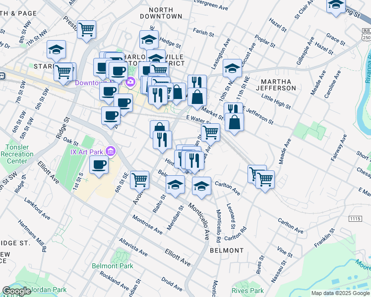 map of restaurants, bars, coffee shops, grocery stores, and more near 129 Goodman Street in Charlottesville