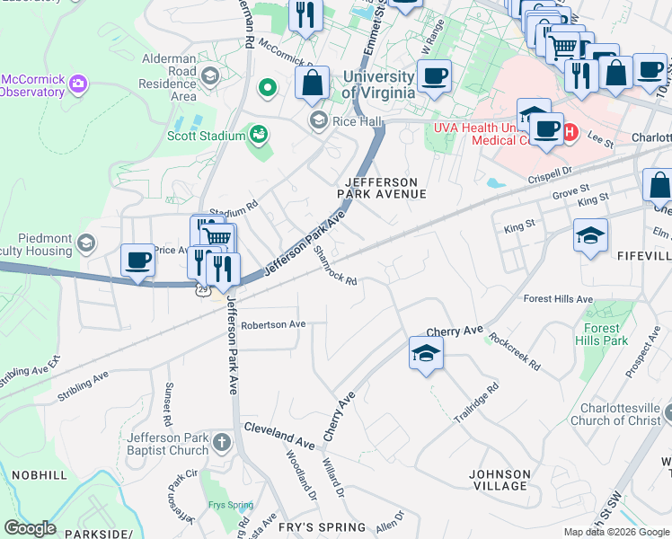 map of restaurants, bars, coffee shops, grocery stores, and more near 204 Shamrock Road in Charlottesville