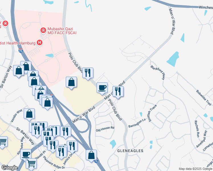 map of restaurants, bars, coffee shops, grocery stores, and more near 2785 Polo Club Boulevard in Lexington