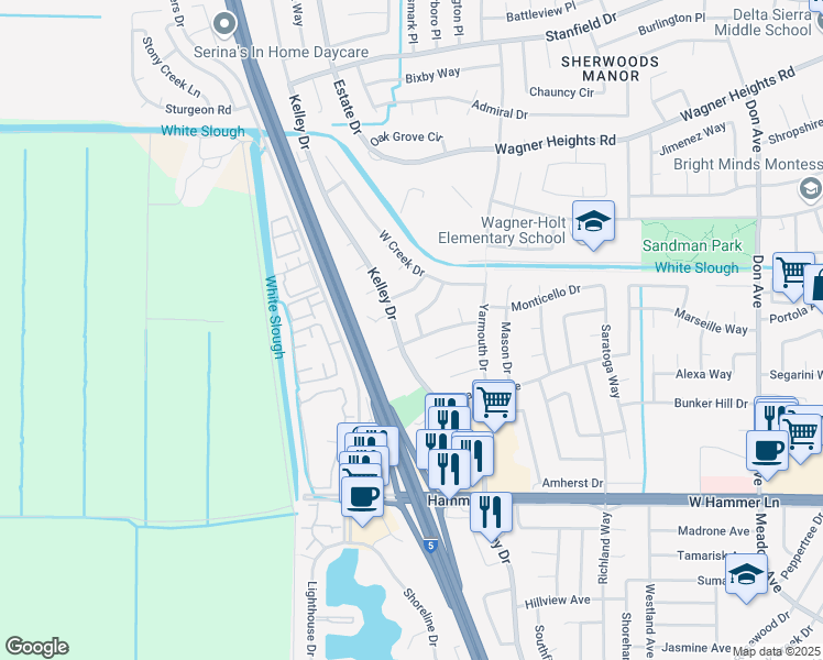 map of restaurants, bars, coffee shops, grocery stores, and more near 8509 Woodhaven Way in Stockton