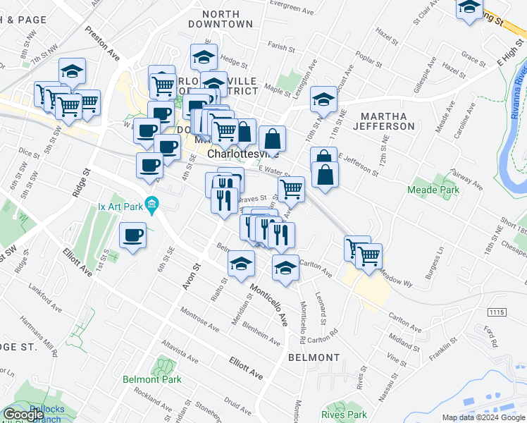 map of restaurants, bars, coffee shops, grocery stores, and more near 129 Goodman Street in Charlottesville