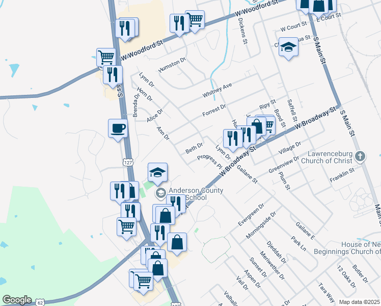 map of restaurants, bars, coffee shops, grocery stores, and more near 108 Beth Drive in Lawrenceburg