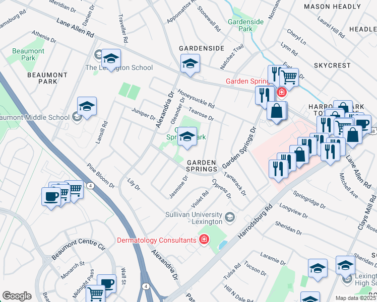 map of restaurants, bars, coffee shops, grocery stores, and more near 2151 Garden Springs Drive in Lexington