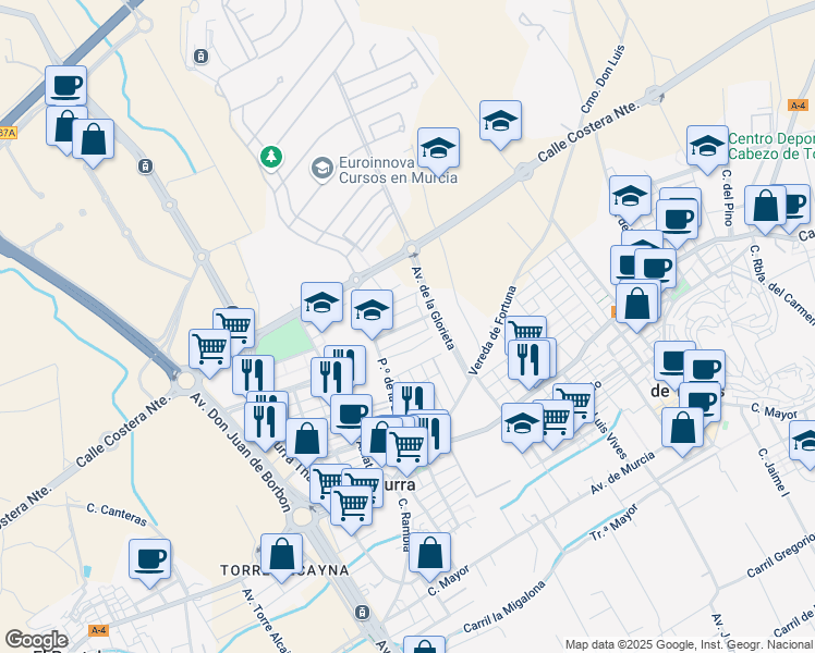map of restaurants, bars, coffee shops, grocery stores, and more near 20 Calle Acacia in Murcia