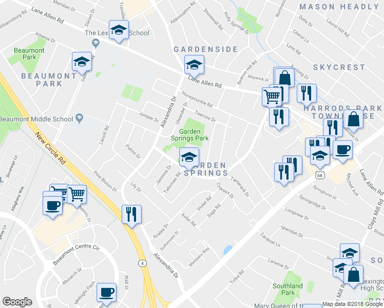 map of restaurants, bars, coffee shops, grocery stores, and more near 2151 Garden Springs Drive in Lexington
