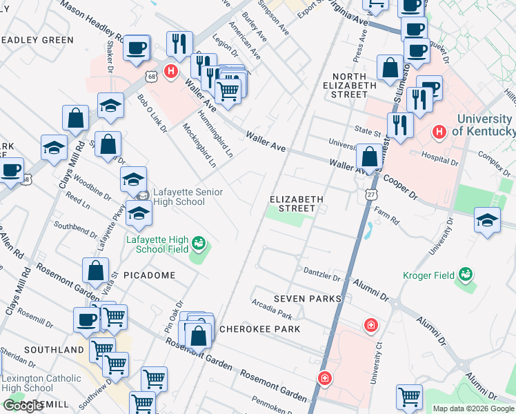 map of restaurants, bars, coffee shops, grocery stores, and more near 1574 Bluebird Lane in Lexington