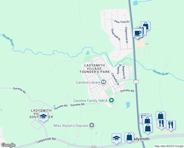 map of restaurants, bars, coffee shops, grocery stores, and more near 7131 Conway Place in Ruther Glen