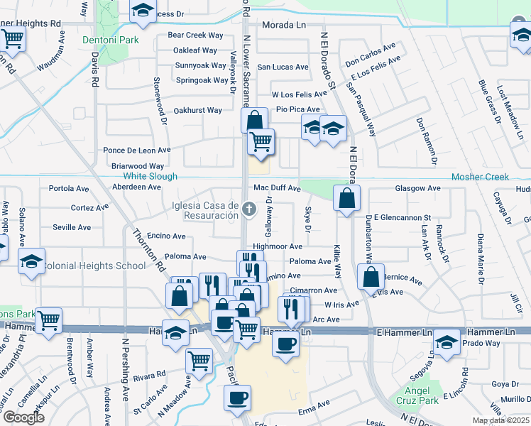 map of restaurants, bars, coffee shops, grocery stores, and more near 8423 Galloway Drive in Stockton