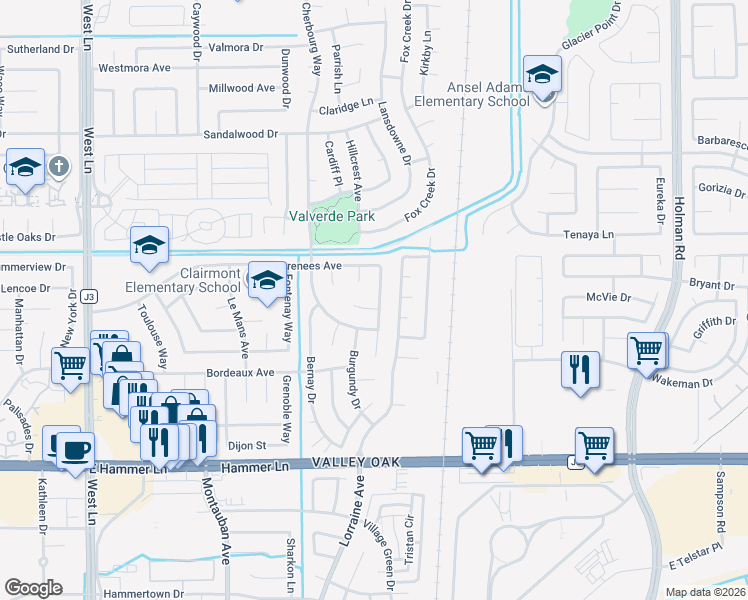 map of restaurants, bars, coffee shops, grocery stores, and more near 8413 Neubourg Drive in Stockton