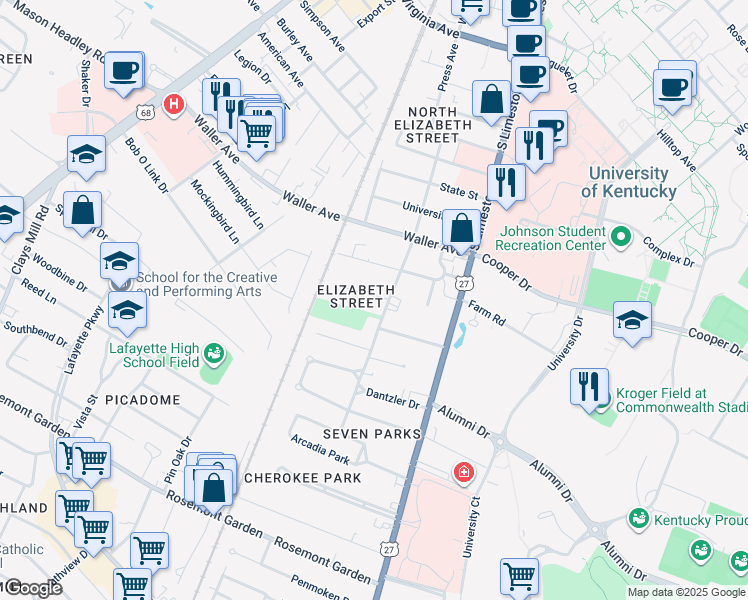 map of restaurants, bars, coffee shops, grocery stores, and more near 1505 Elizabeth Street in Lexington
