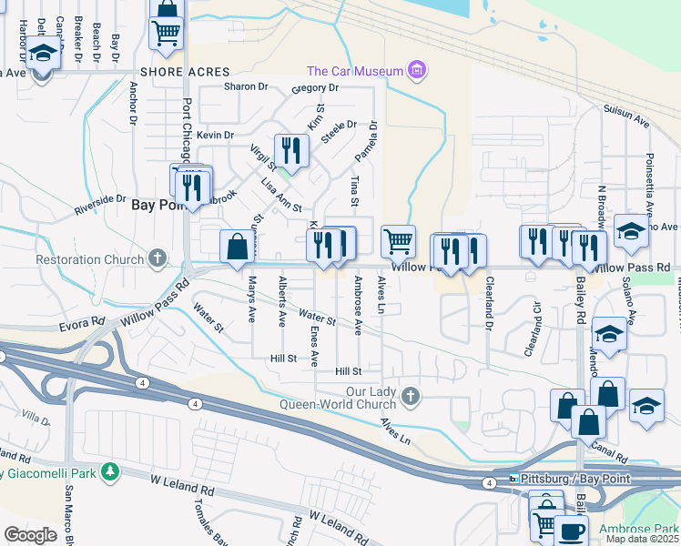 map of restaurants, bars, coffee shops, grocery stores, and more near 3315 Willow Pass Road in Bay Point