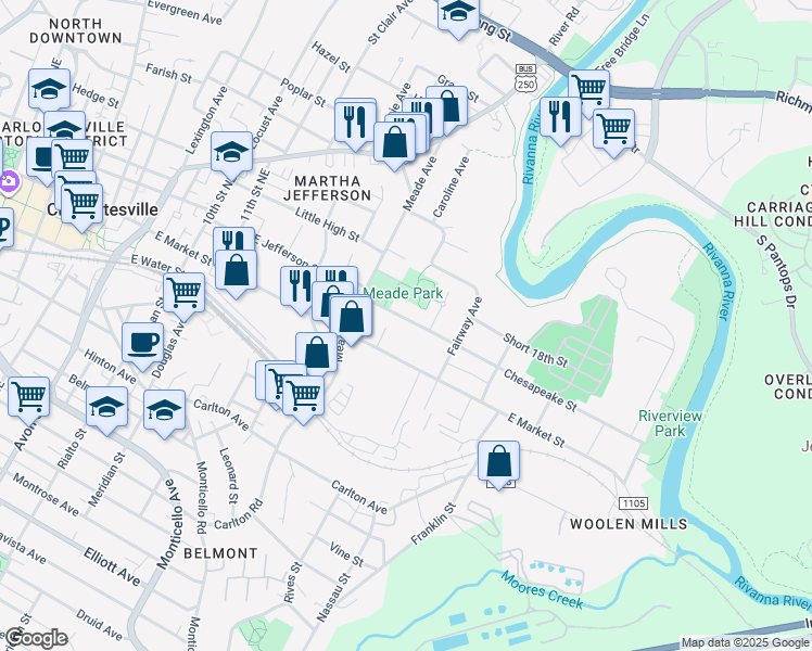 map of restaurants, bars, coffee shops, grocery stores, and more near 1322 Chesapeake Street in Charlottesville