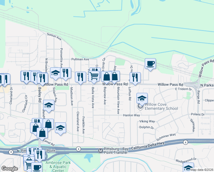 map of restaurants, bars, coffee shops, grocery stores, and more near 2135 Willow Pass Road in Bay Point